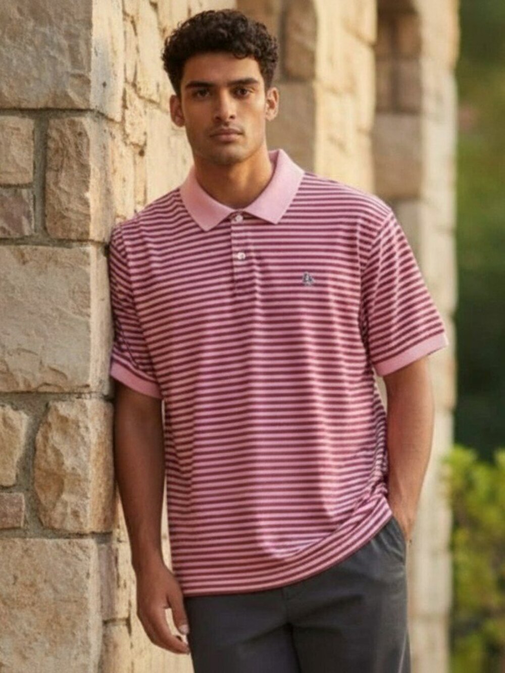 Brooks Brothers Mens Size XXL Pink Striped Slim Fit Performance Polo Shirt